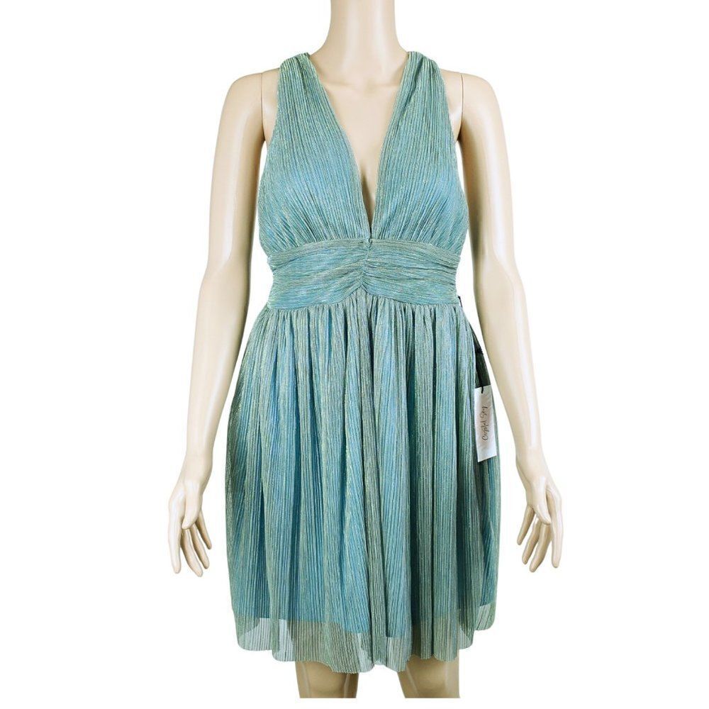 Dress Halter Bodice Fit & Flare Shimmer Glitter Pleated Ruched Waist Blue Sz Med
